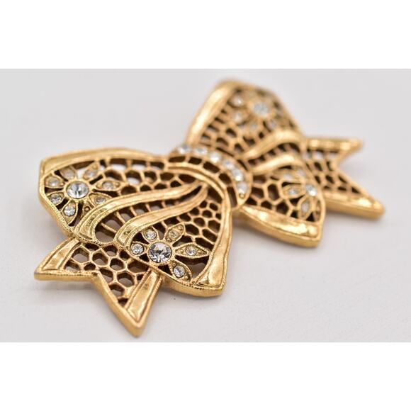 1928 Vintage Floral Bow Pin Brooch Rhinestone Crystal Antiqued Gold 1980s BinBP - Picture 10 of 12
